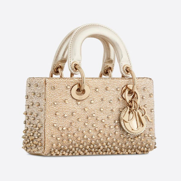 Dior Micro Lady D-Joy Bag Gold / M - Satin with Beaded Embroidery - 16.5 cm