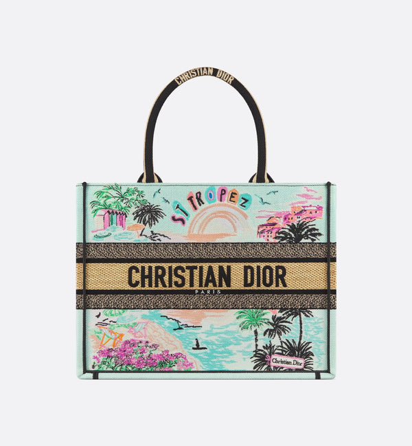 حقيبة ديور بوك توت متوسطة سوڤينير رافيا طبيعي وتطريز قطني متعدد الألوان